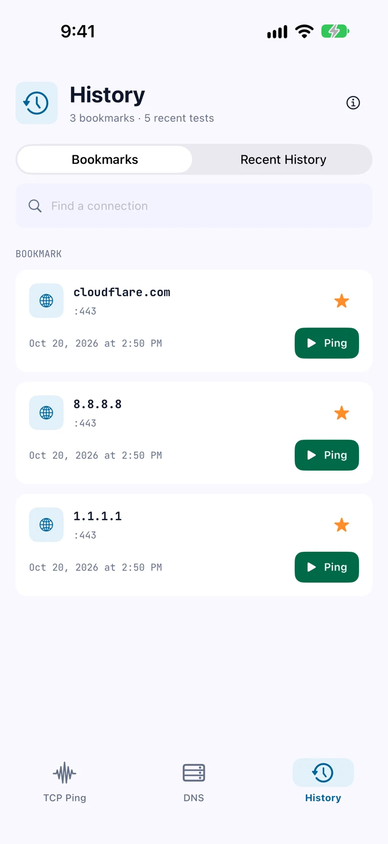 TCP Ping saved host bookmarks and ports
